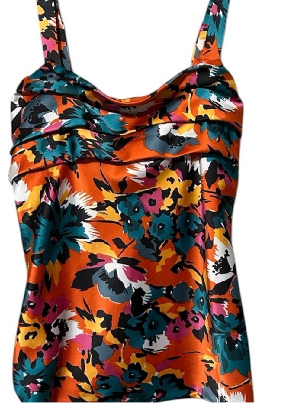 Women's Floral Satin Cowl Neck Tank Top - Orange Multi